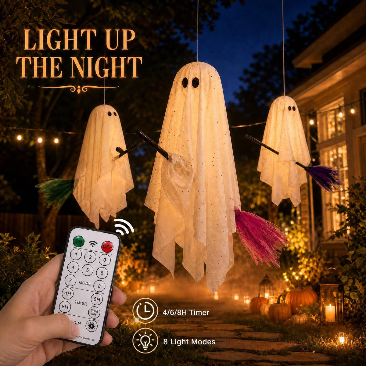3 Pack Light Up Halloween Hanging Ghost Decorations with Brooms