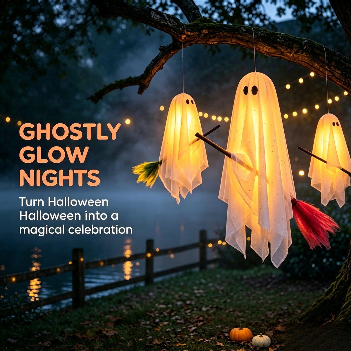 3 Pack Light Up Halloween Hanging Ghost Decorations with Brooms