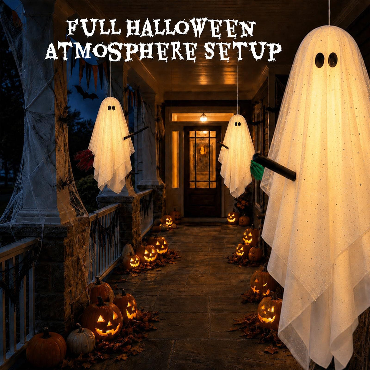3 Pack Light Up Halloween Hanging Ghost Decorations with Brooms