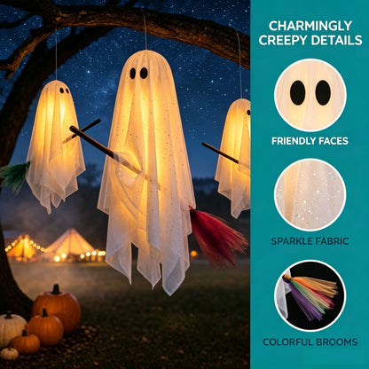3 Pack Light Up Halloween Hanging Ghost Decorations with Brooms