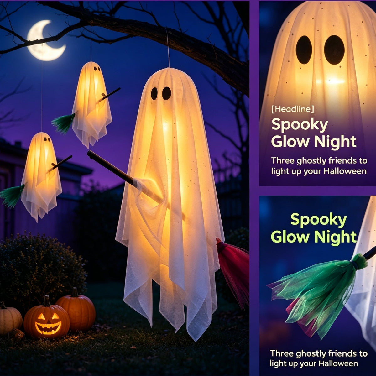3 Pack Light Up Halloween Hanging Ghost Decorations with Brooms