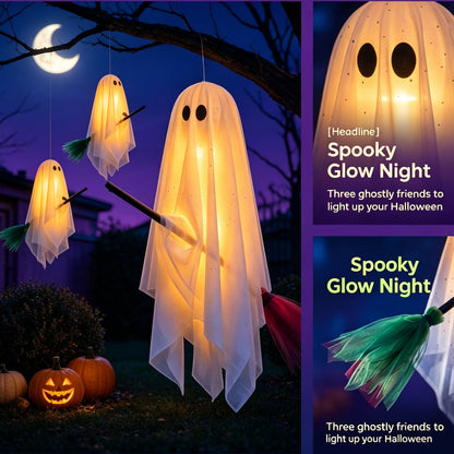 3 Pack Light Up Halloween Hanging Ghost Decorations with Brooms