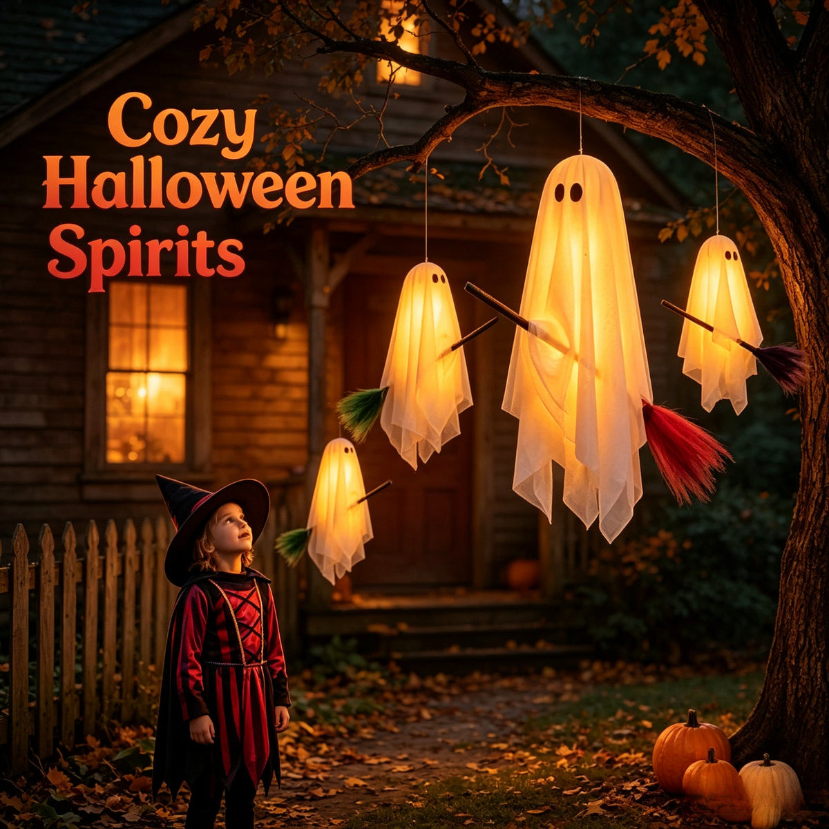 3 Pack Light Up Halloween Hanging Ghost Decorations with Brooms