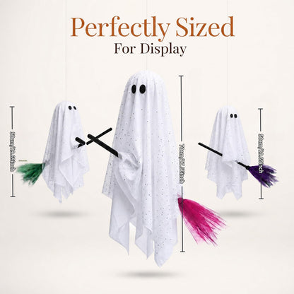 3 Pack Light Up Halloween Hanging Ghost Decorations with Brooms